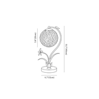 Clérachic table lamp dimension drawing, decorated sphere, every measurement marked in centimetres and inches.