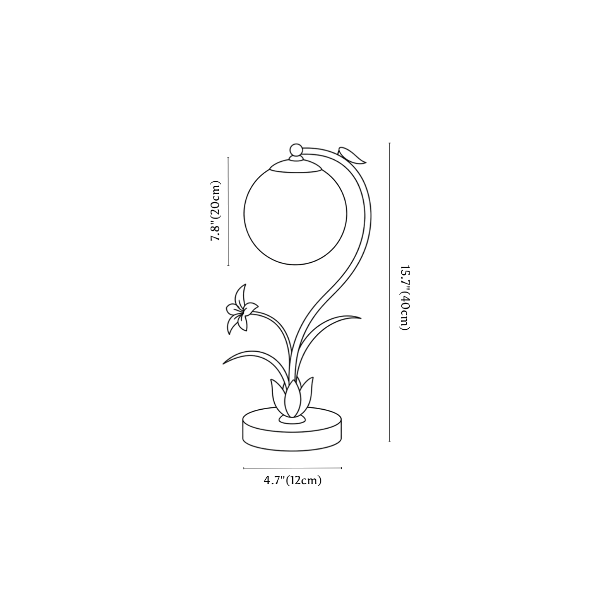 Clérachic table lamp dimension drawing, plain sphere, every measurement marked in centimetres and inches.