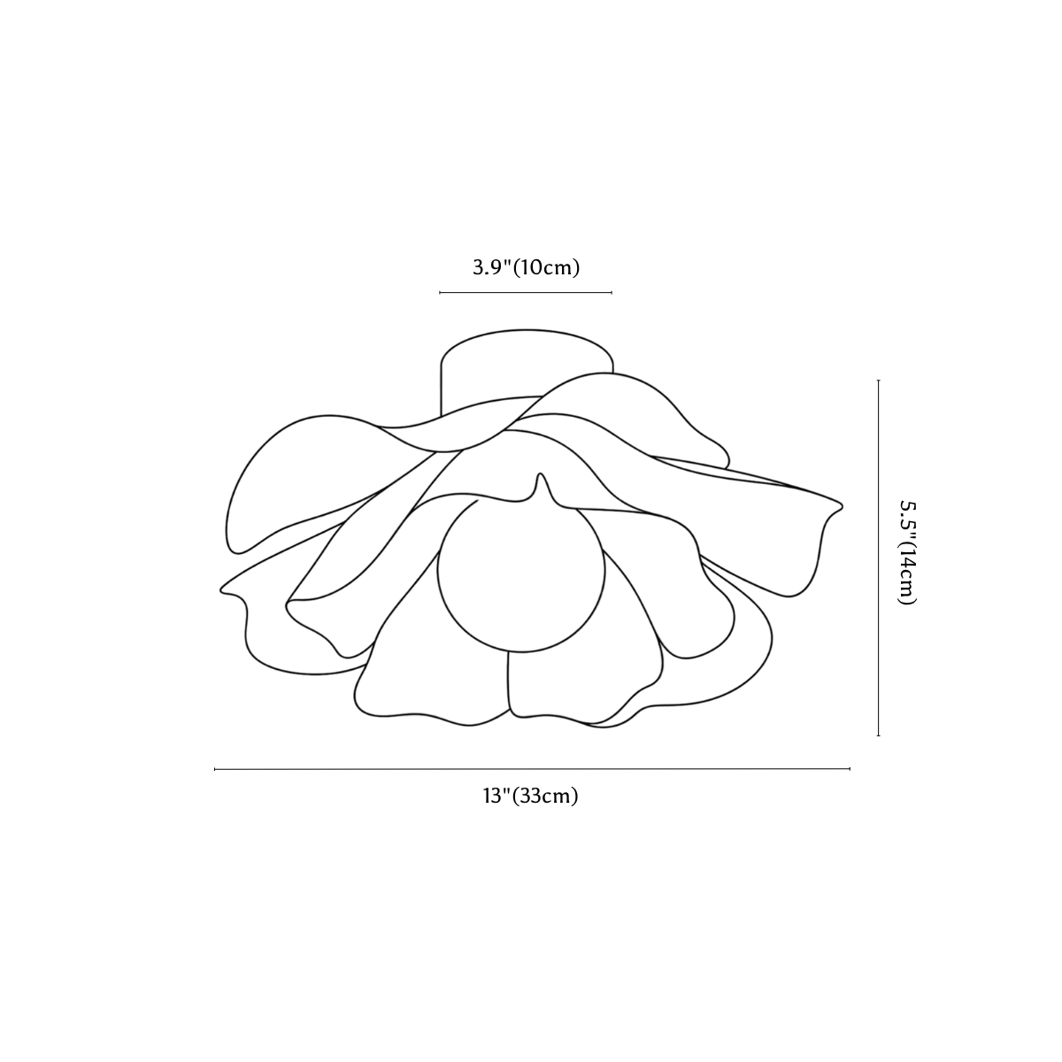 Clérachic ceiling light dimension drawing, every measurement marked in centimetres and inches.