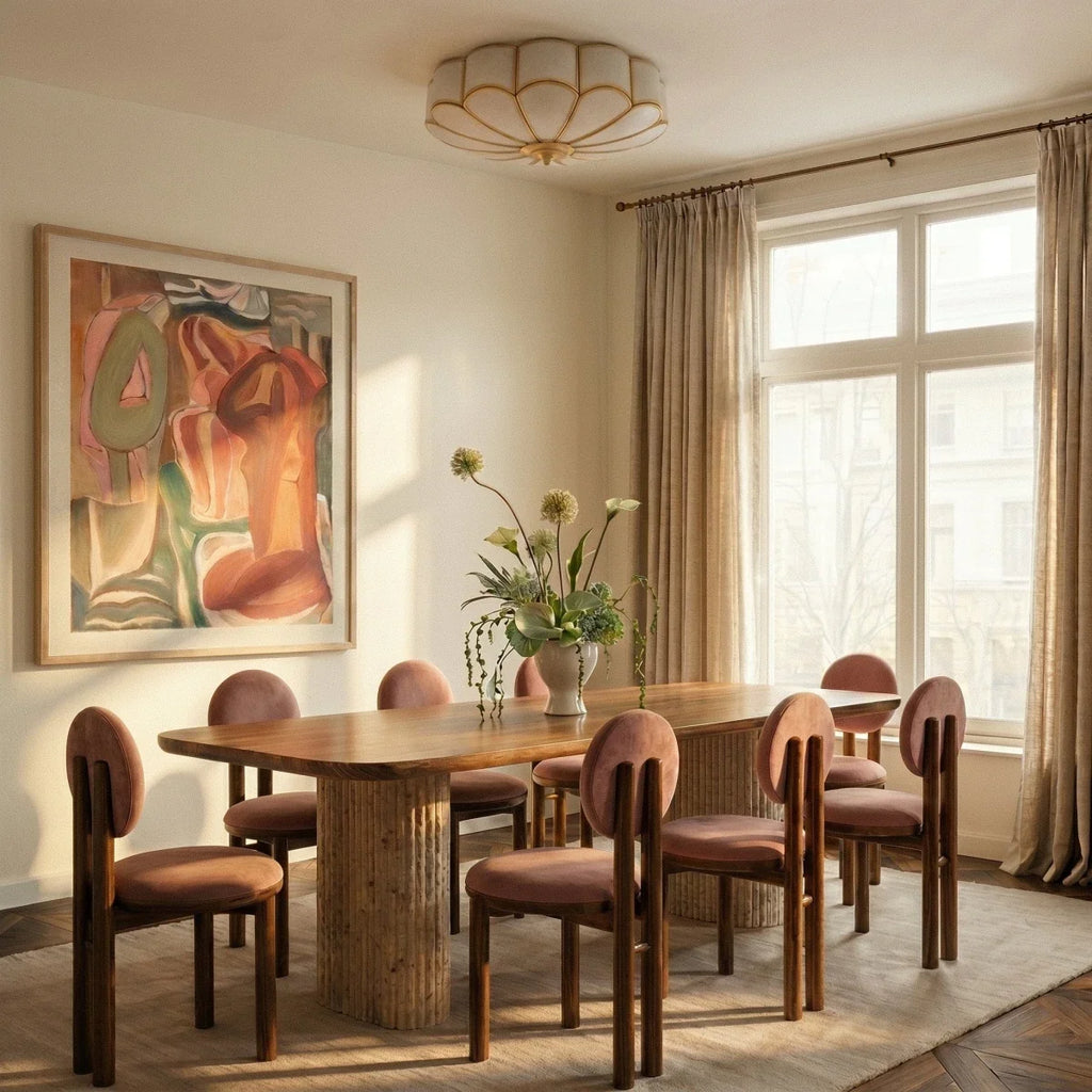 Clérachic scalloped flush ceiling light above a long dining table with blush velvet chairs, beside a tall sunlit window.