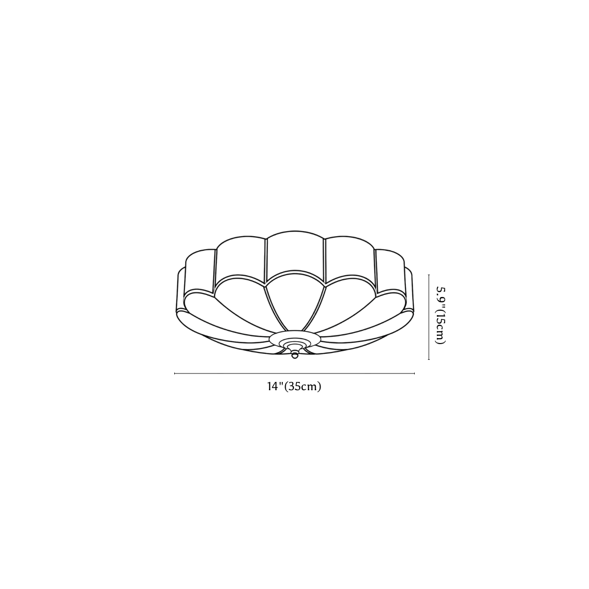 Clérachic ceiling light dimension drawing, 1 of 4, every measurement marked in centimetres and inches.