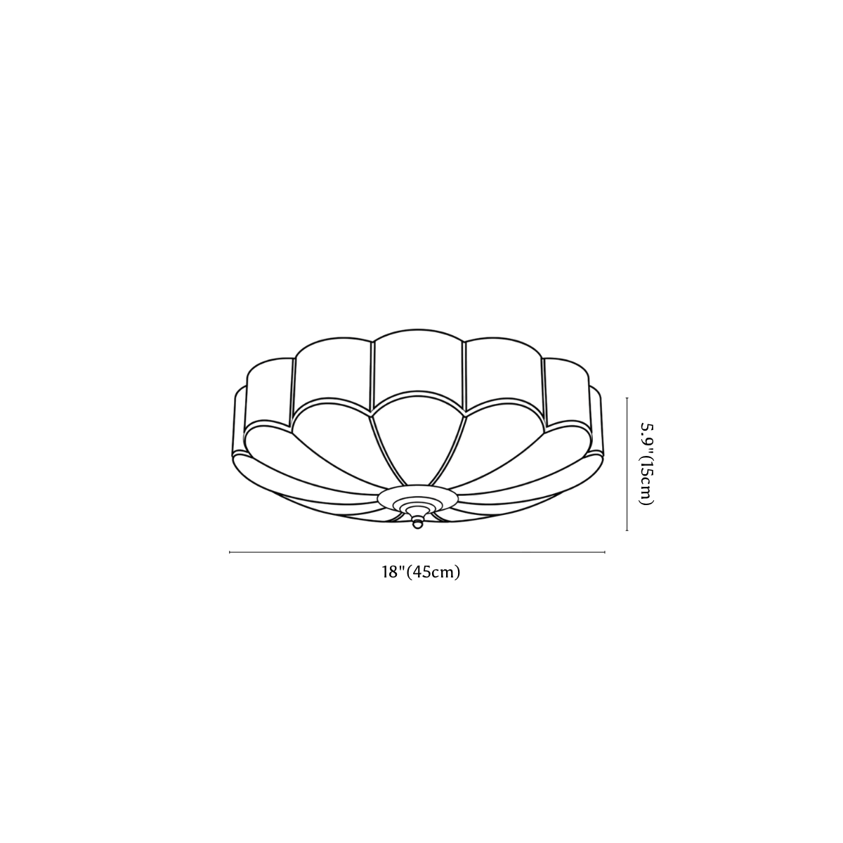 Clérachic ceiling light dimension drawing, 2 of 4, every measurement marked in centimetres and inches.