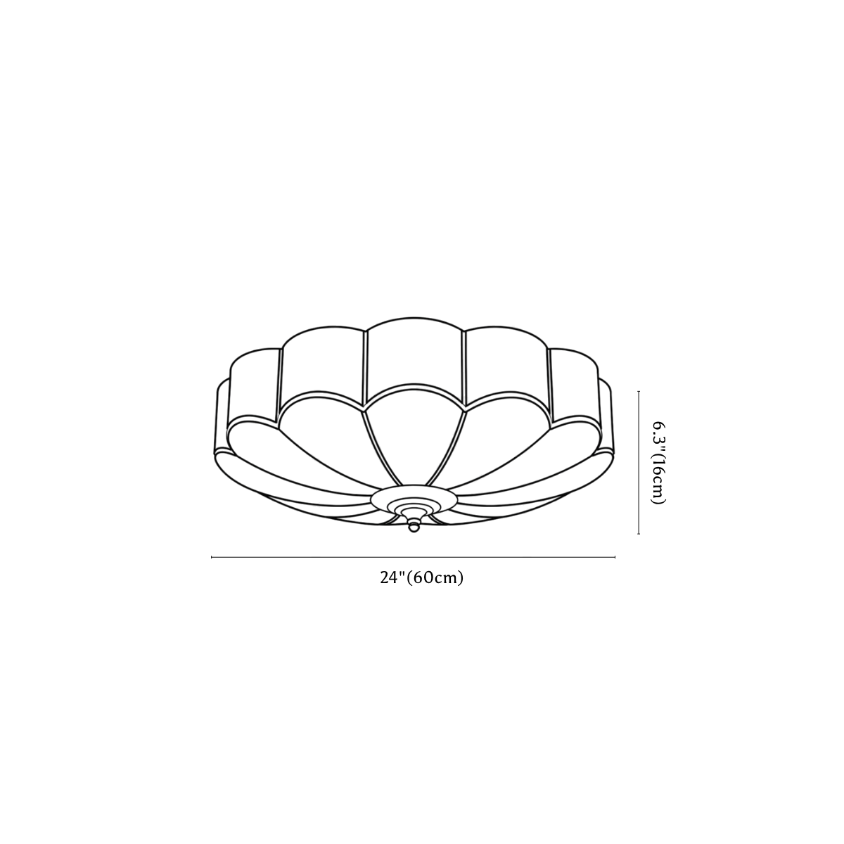 Clérachic ceiling light dimension drawing, 3 of 4, every measurement marked in centimetres and inches.
