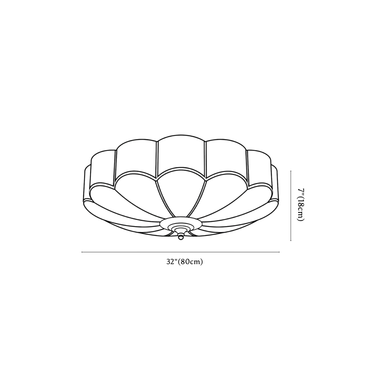 Clérachic ceiling light dimension drawing, 4 of 4, every measurement marked in centimetres and inches.