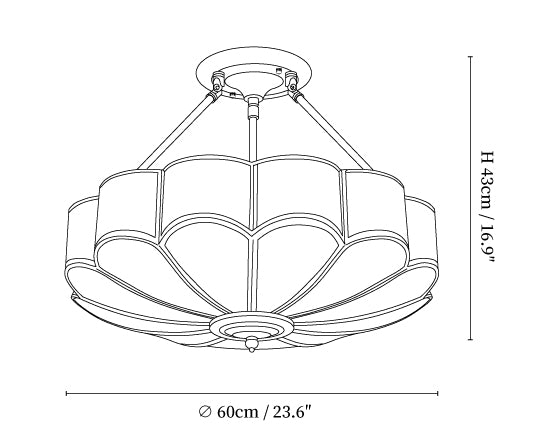 Dimension drawing of the flower shape glass ceiling light, in outline against white.