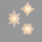 Three Clérachic wall lights with different petal shapes, a star, an eight-point flower and a rounded bloom, glowing on a grey wall.