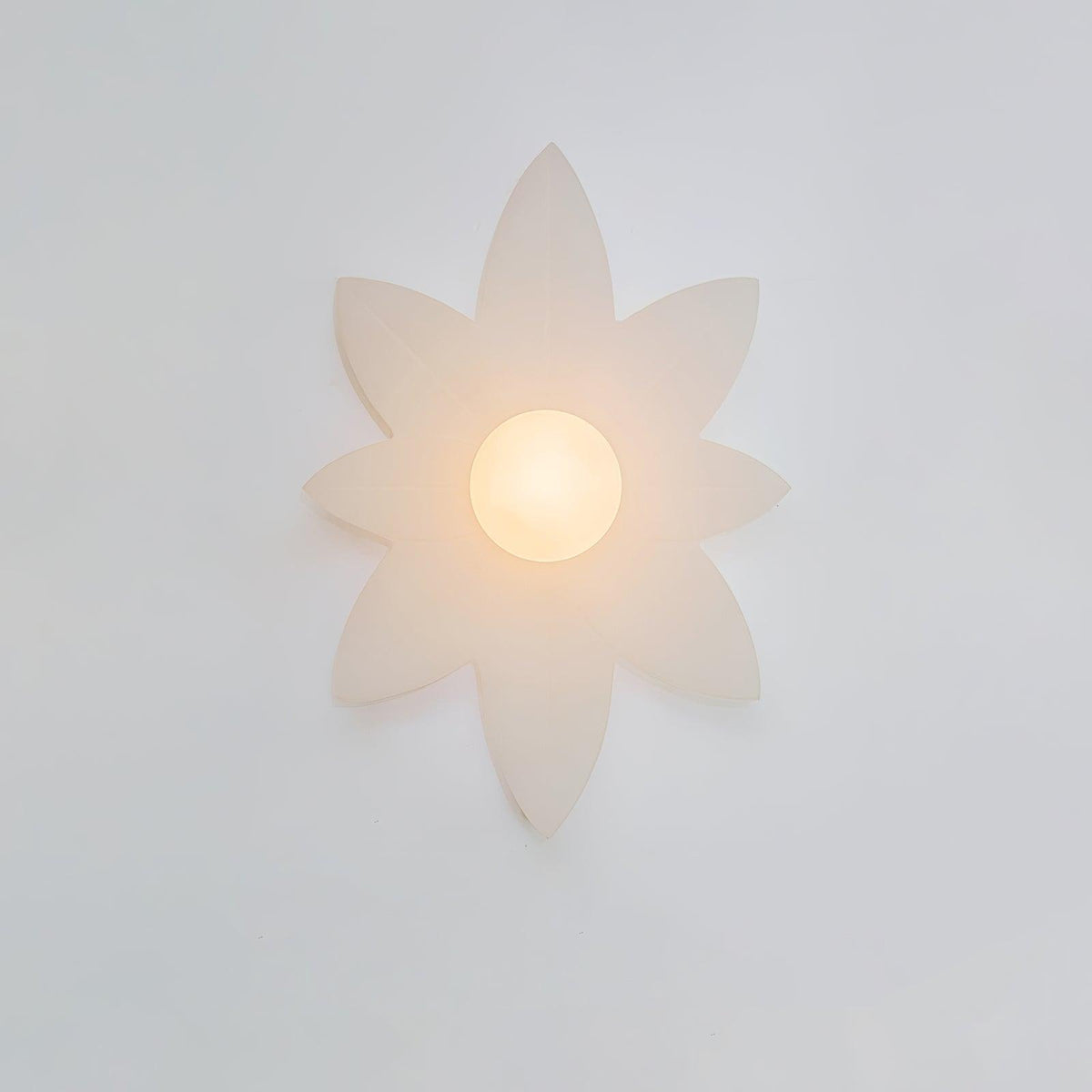 Eight-point petal wall light from Clérachic glowing on a pale wall, with a frosted globe and no chain pull in view.