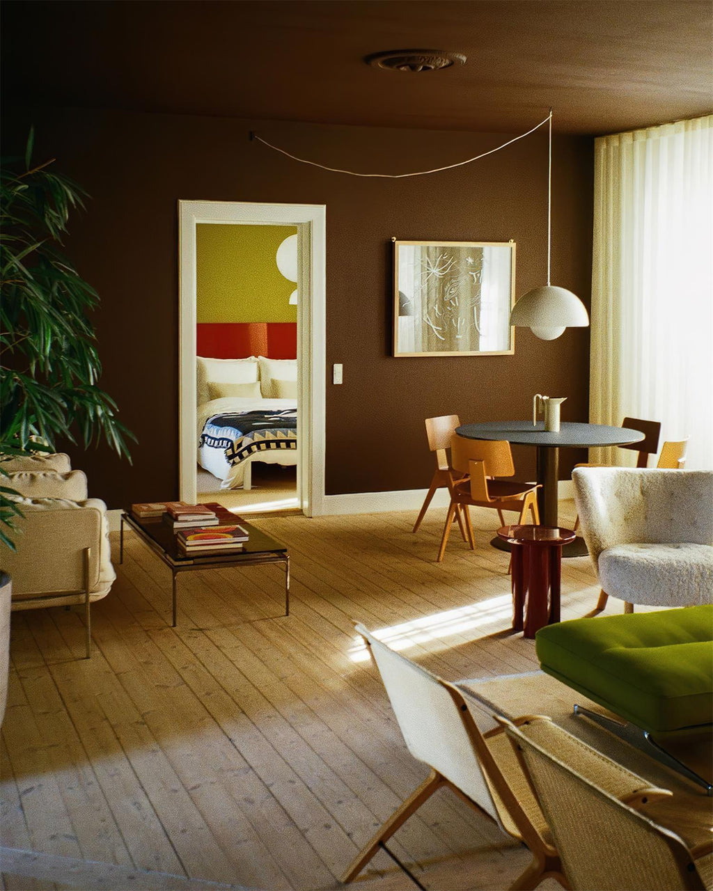 Clérachic's Flowerpot pendant in white, its long cord swagged at an angle across a dark ceiling.