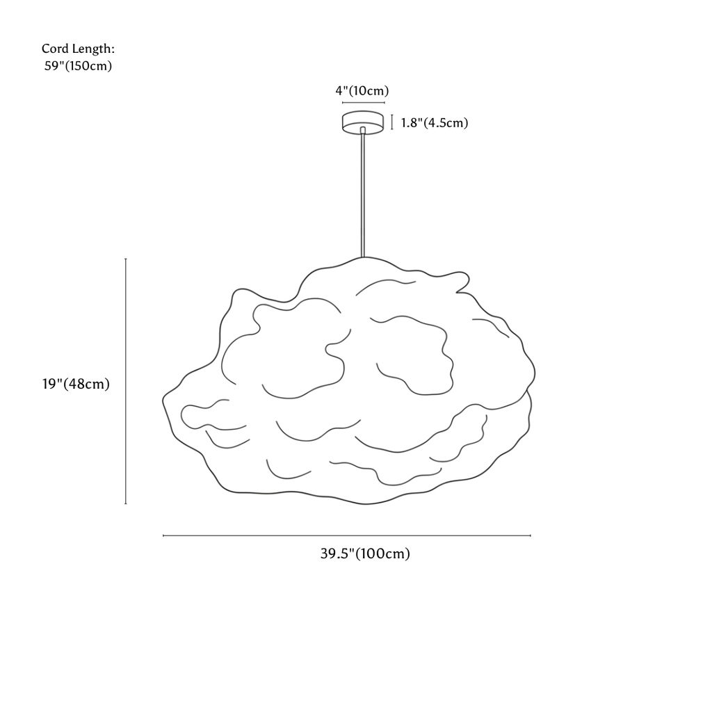 Clérachic pendant light dimension drawing, Smooth, 100 cm × 48 cm, every measurement marked in centimetres and inches.