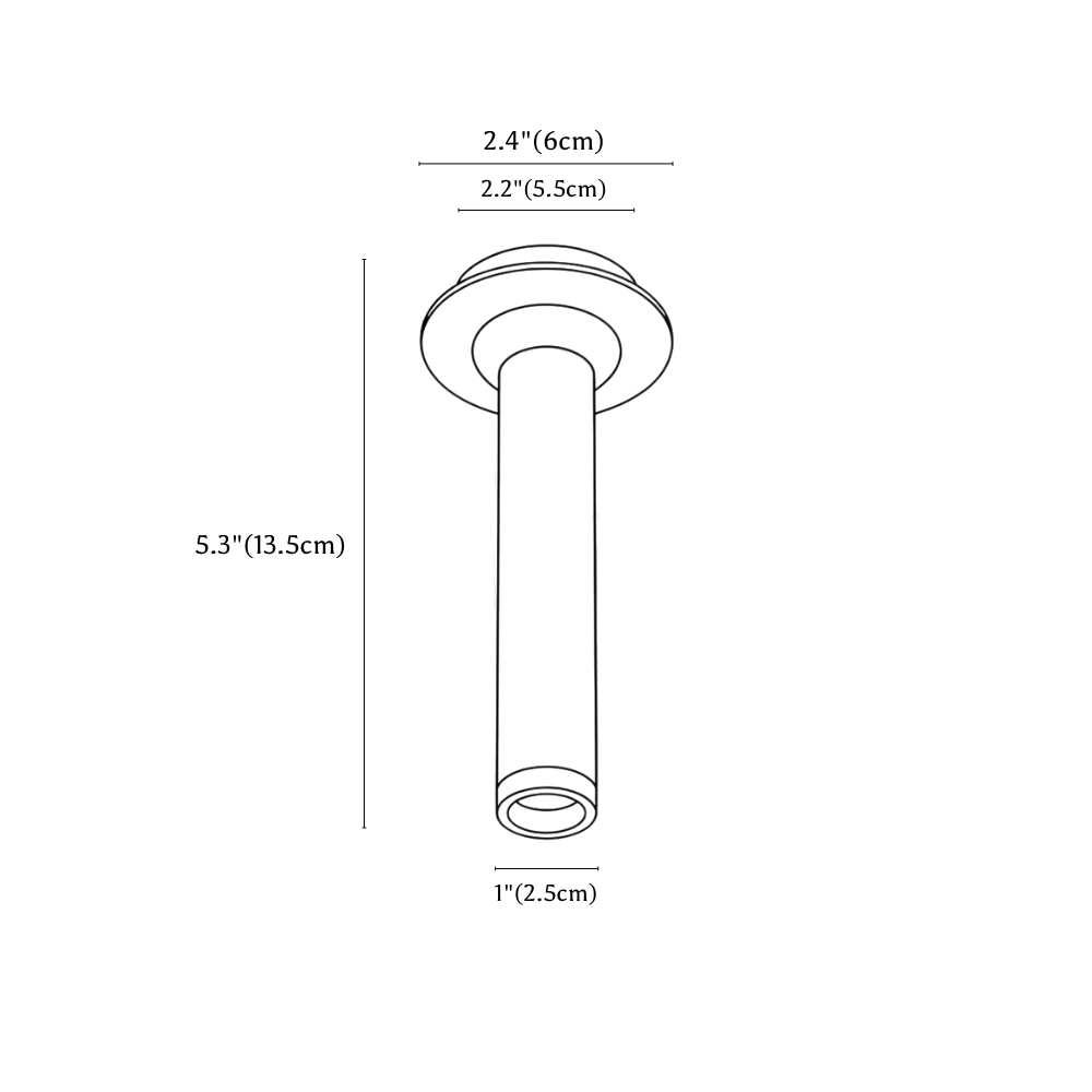 Clérachic ceiling light dimension drawing, 13.5 cm, every measurement marked in centimetres and inches.