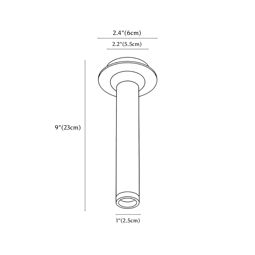 Clérachic ceiling light dimension drawing, 23 cm, every measurement marked in centimetres and inches.