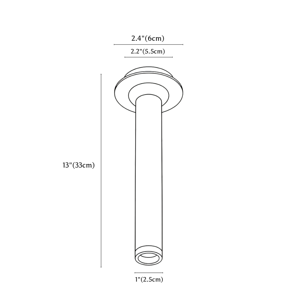 Clérachic ceiling light dimension drawing, 33 cm, every measurement marked in centimetres and inches.