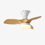 Clérachic flush-mount ceiling fan with three wood-grain blades and a round white light below, shown on a plain white backdrop.