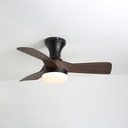 Walnut wood-grain version of this Clérachic ceiling fan with a black canopy and light ring, seen from below against a white ceiling.