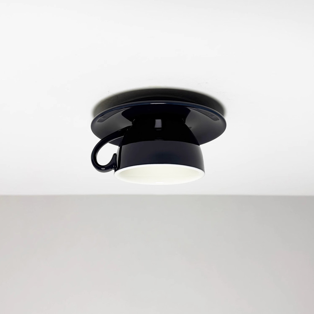 Clérachic's navy coffee-cup flush mount shows the deep glaze catching light from below.