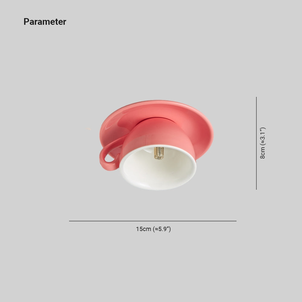 The Clérachic pink coffee-cup light is shown with its 15 cm width and 8 cm height marked.