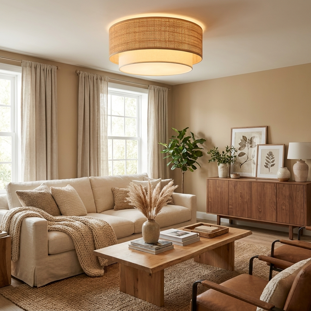 A beige raffia flush-mount ceiling light from Clérachic glows warm above a living room with a linen sofa and wood sideboard.