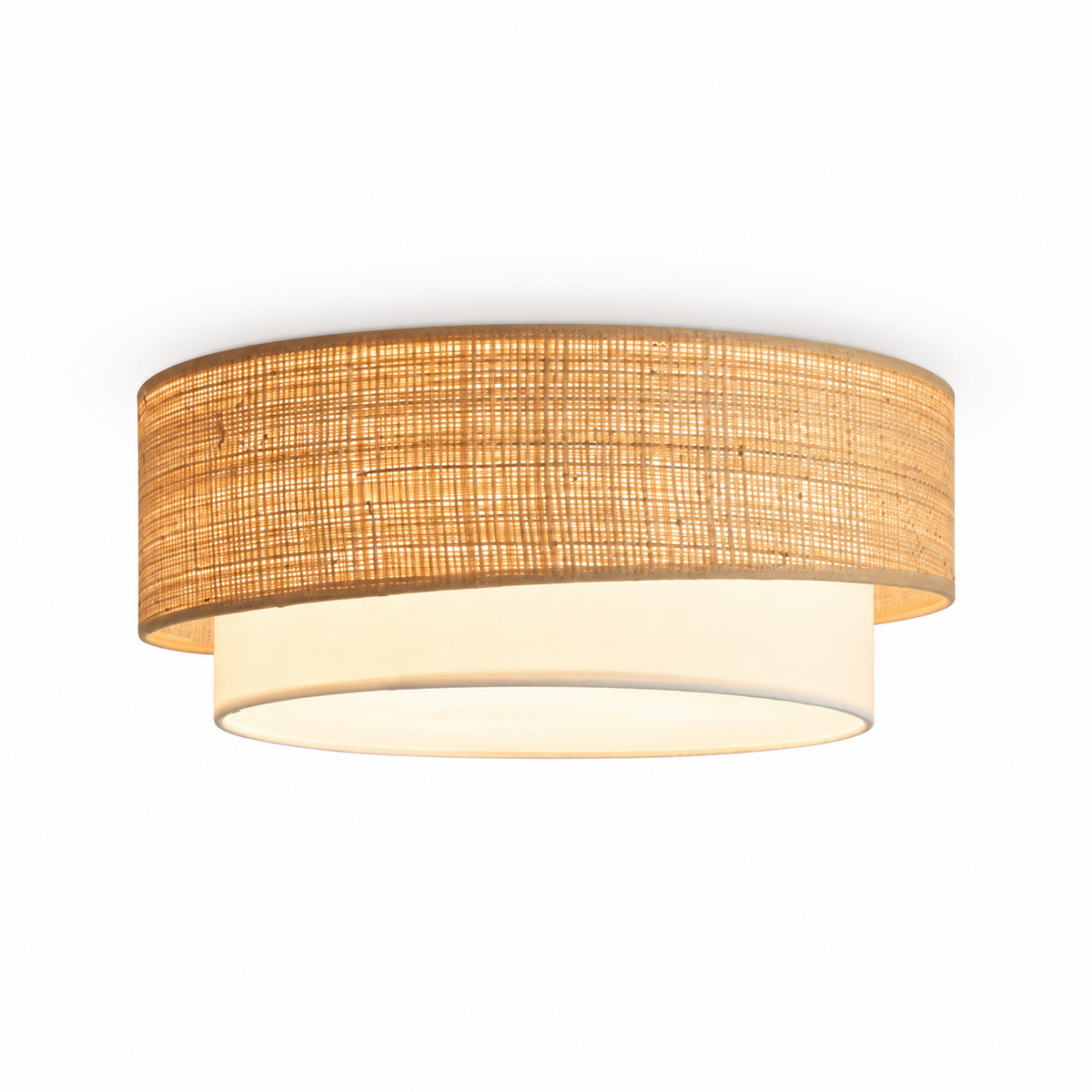 Close product angle on this Clérachic light's woven beige raffia weave, set above its white fabric under-tier.