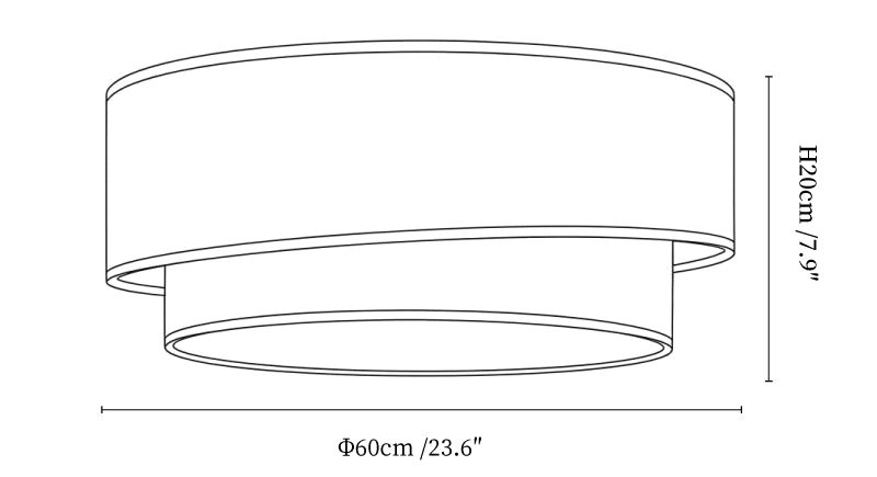 Clérachic ceiling light dimension drawing, every measurement marked in centimetres and inches.