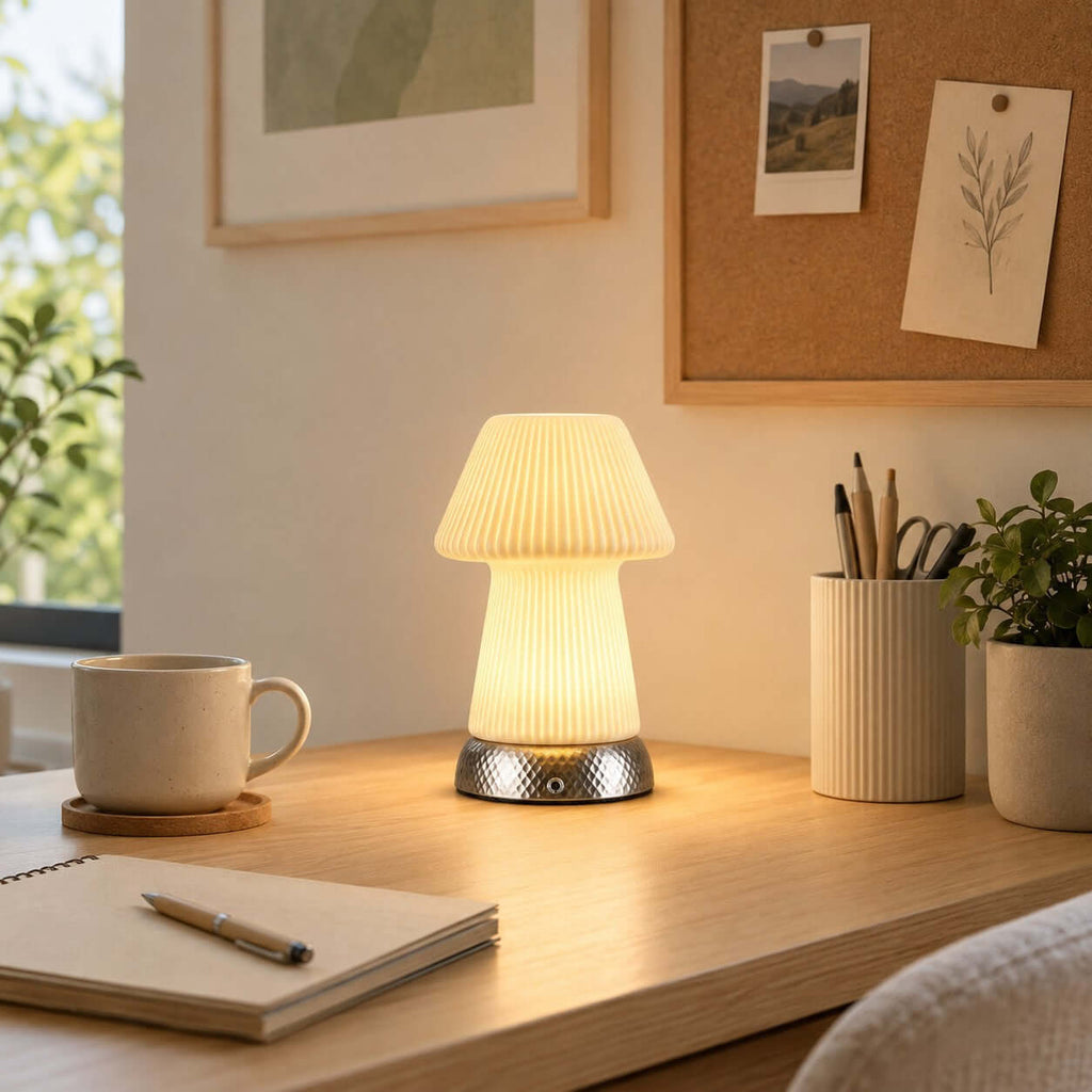 A Clérachic mushroom lamp glows on a light wood desk next to a notebook, pen, ceramic mug and a pinboard with pinned prints.