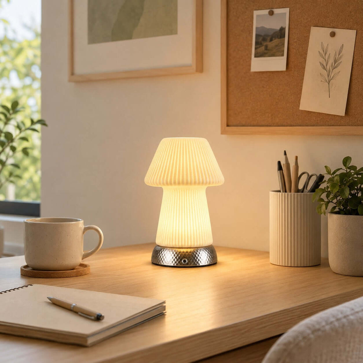 A Clérachic mushroom lamp glows on a light wood desk next to a notebook, pen, ceramic mug and a pinboard with pinned prints.