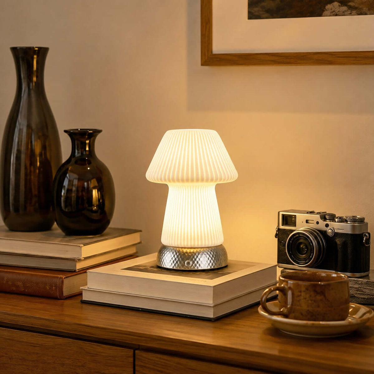 Lit on a pile of books on a wooden sideboard, this Clérachic lamp stands among dark glass vases, a vintage camera and a coffee cup.