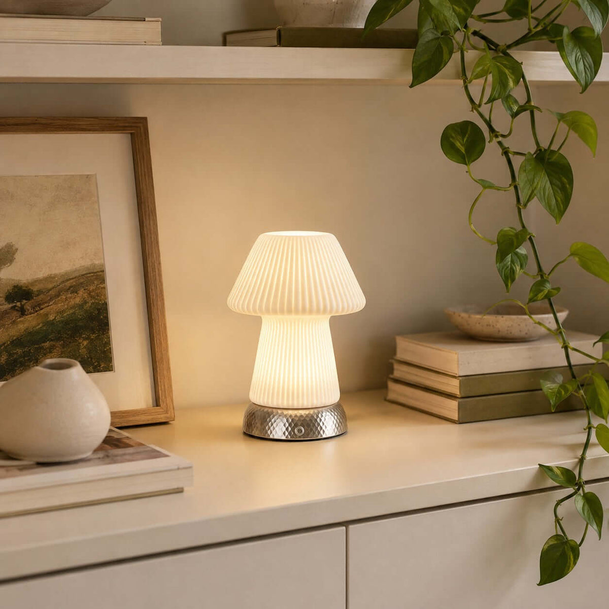 Close beside a framed landscape and a trailing green plant, this Clérachic fluted lamp lights a pale shelf with stacked books and a vase.