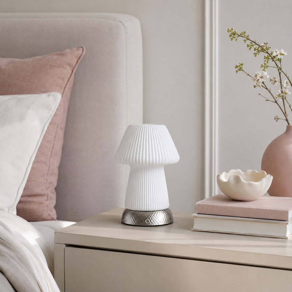 On a pale bedside chest, this unlit white Clérachic lamp stands near pink cushions, a shell-shaped dish, a stack of books and flowering stems.