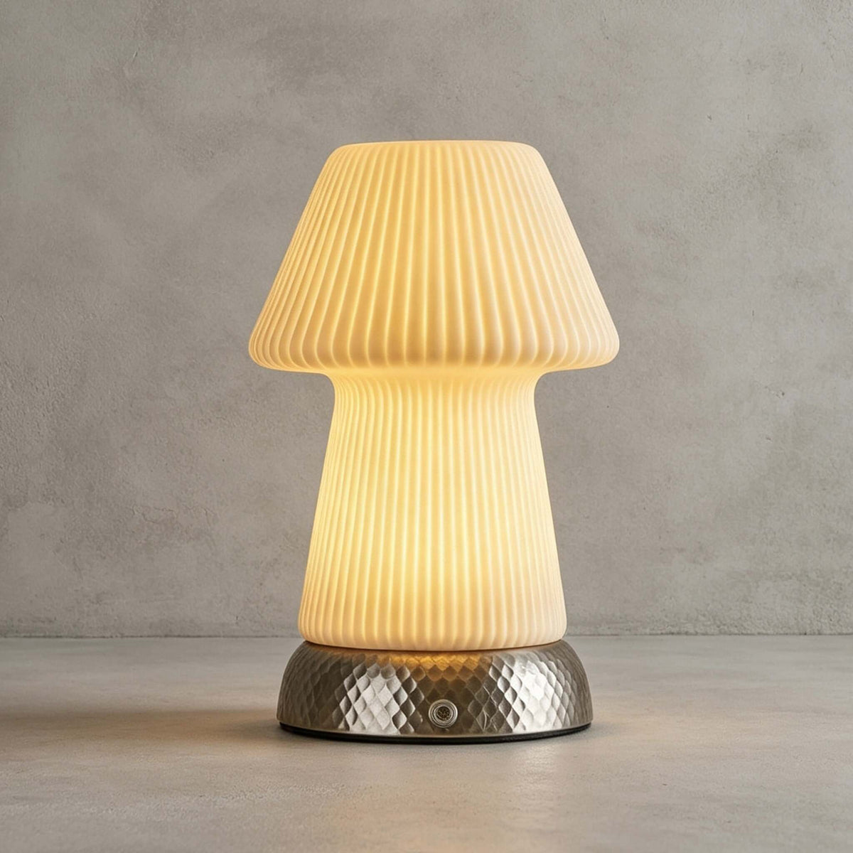 Close view of the fluted ceramic shade glowing warm over the hammered metal base of this Clérachic lamp, on a grey plaster backdrop.