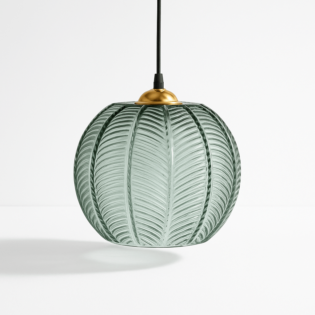 Clérachic ribbed opaline glass pendant light in sage green with a brass ceiling canopy, styled solo and unlit on white.