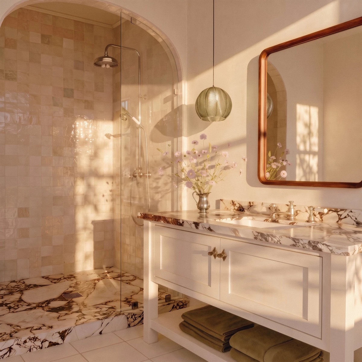 Clérachic ribbed opaline glass pendant light in sage green hung beside a marble vanity mirror in a sunlit bathroom.