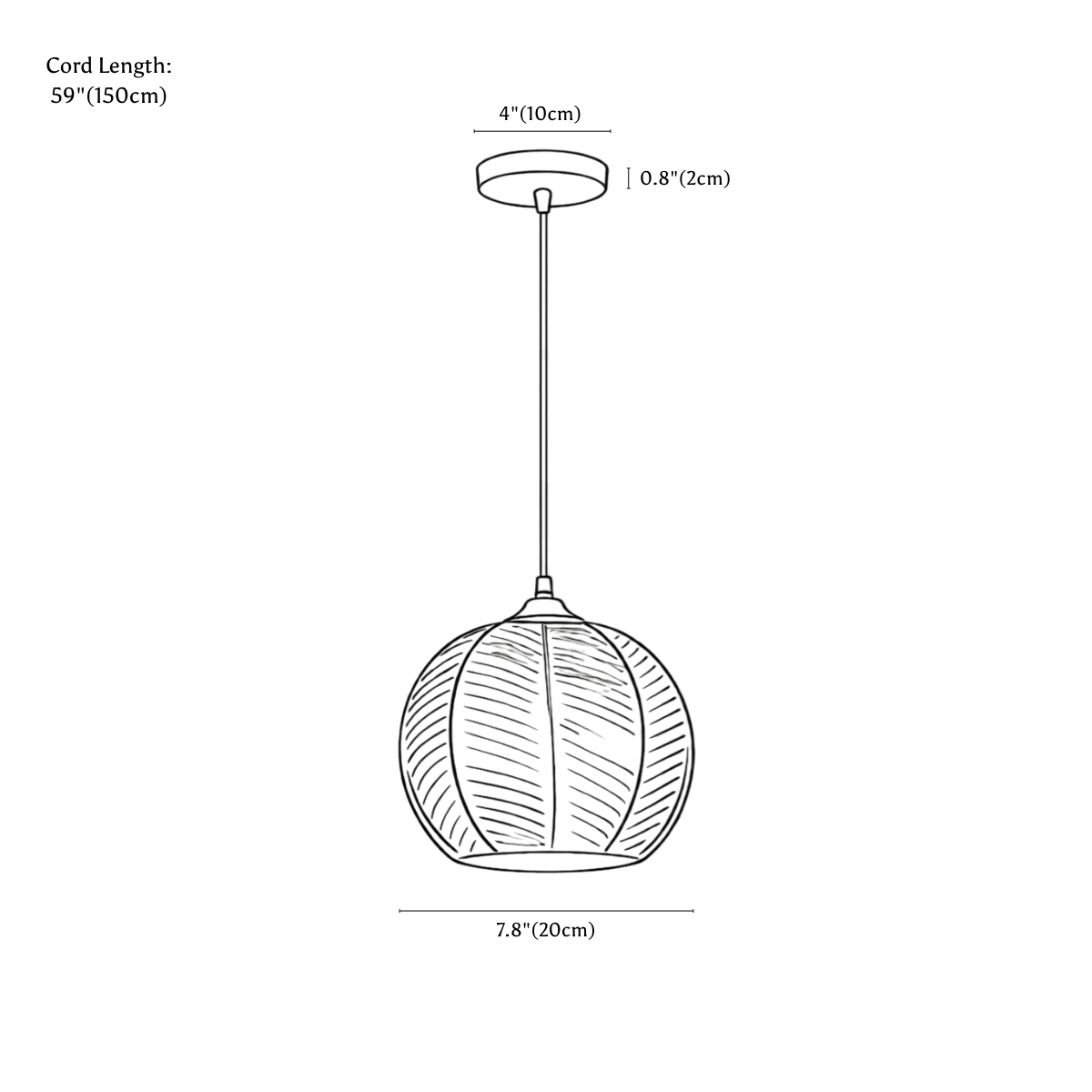 Clérachic pendant light dimension drawing, 20 cm, every measurement marked in centimetres and inches.
