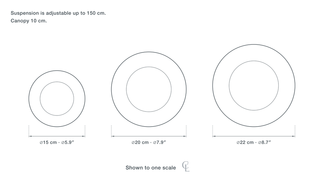 Technical dimension drawing of the Clérachic Fluted Green Glass Pendant Light for Bedside, 15 to 22 cm in all 3 sizes — 15 cm (5.9″) across, 20 cm (7.9″) across, 22 cm (8.7″) across, drawn to one scale.