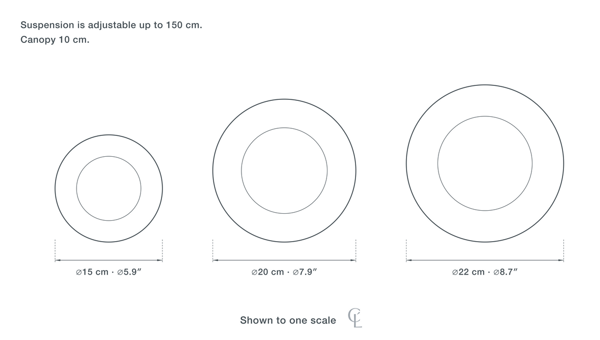 Technical dimension drawing of the Clérachic Fluted Green Glass Pendant Light for Bedside, 15 to 22 cm in all 3 sizes — 15 cm (5.9″) across, 20 cm (7.9″) across, 22 cm (8.7″) across, drawn to one scale.