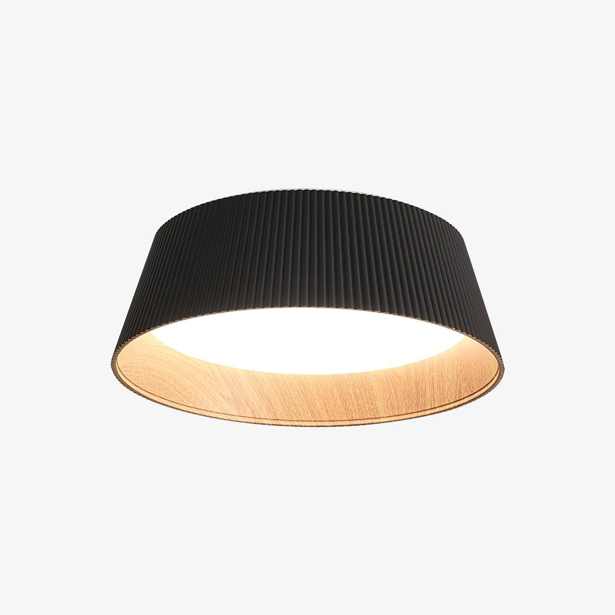 Black Clérachic ceiling light with a lit diffuser and wood-grain inside, shown from below on a white background.