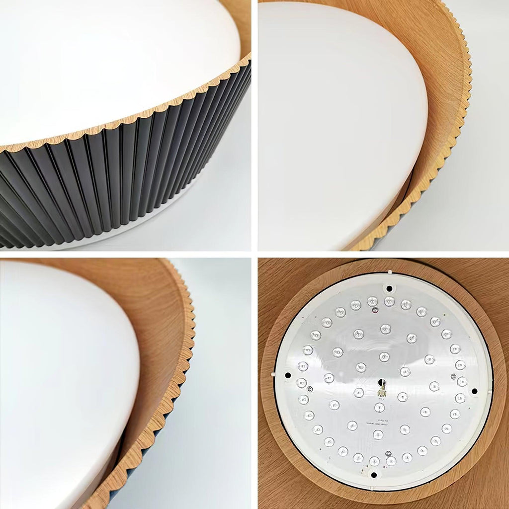 Four close views of the black Clérachic ceiling light, showing the ribbed edge, the diffuser and the LED board.
