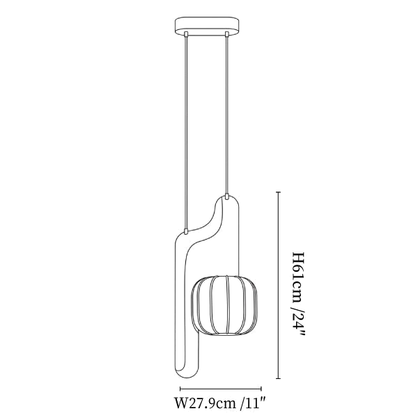 Clérachic pendant light dimension drawing, 1 of 3, every measurement marked in centimetres and inches.