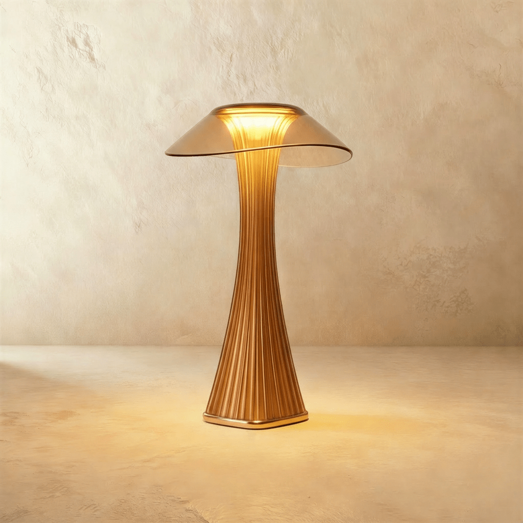 Clérachic bronze mushroom-shaped table lamp, 27.4 cm tall, with a fluted stem and tinted shade glowing warm white