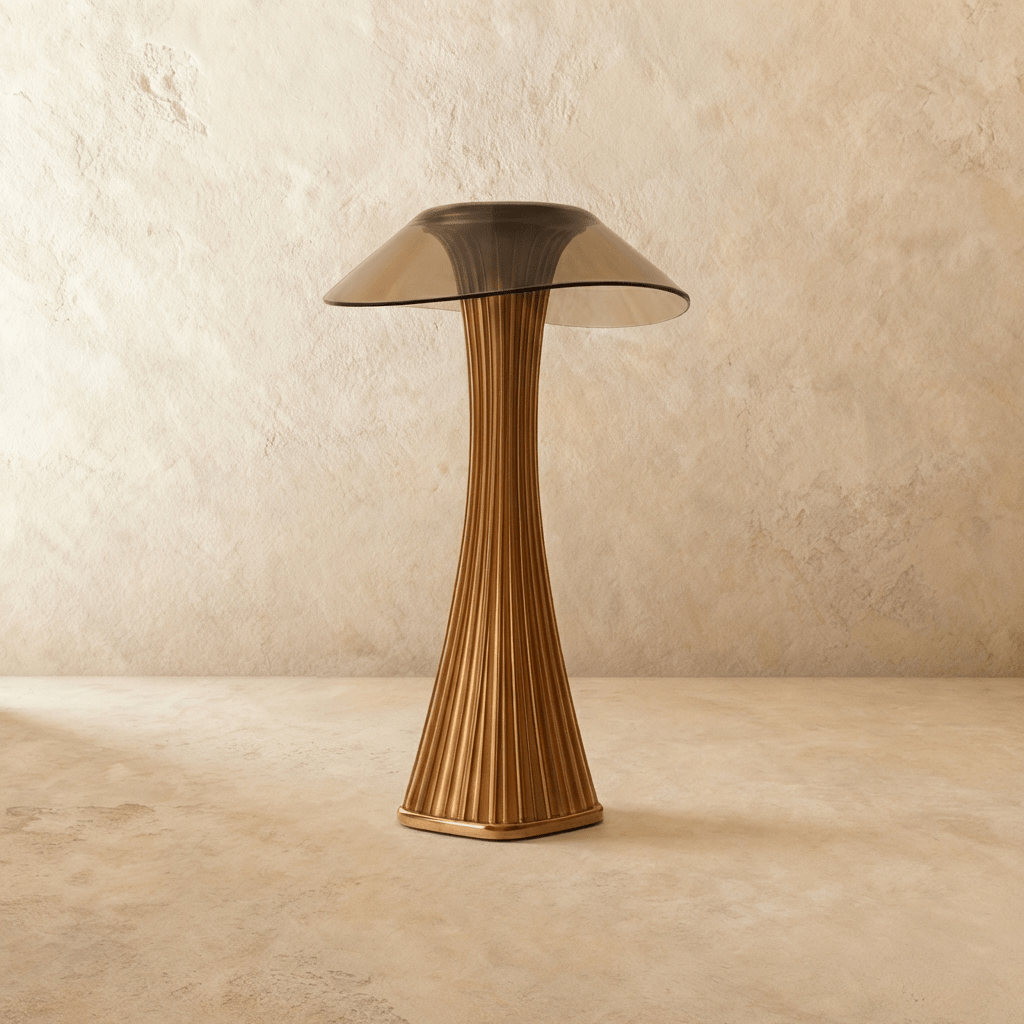 Clérachic bronze fluted table lamp with a smoked, wide-brimmed acrylic shade, switched off on a limewashed floor