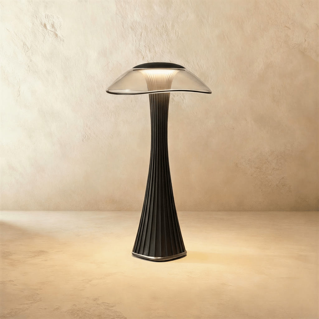 Clérachic black fluted table lamp with a clear wide-brimmed shade, lit warm white against a plaster wall