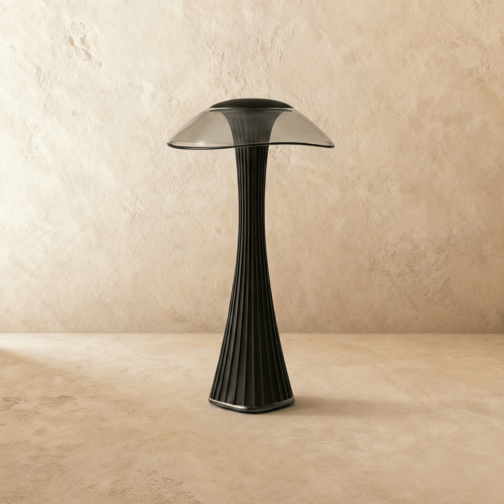 Clérachic black fluted table lamp with a smoked wide-brimmed shade, switched off on a limewashed floor