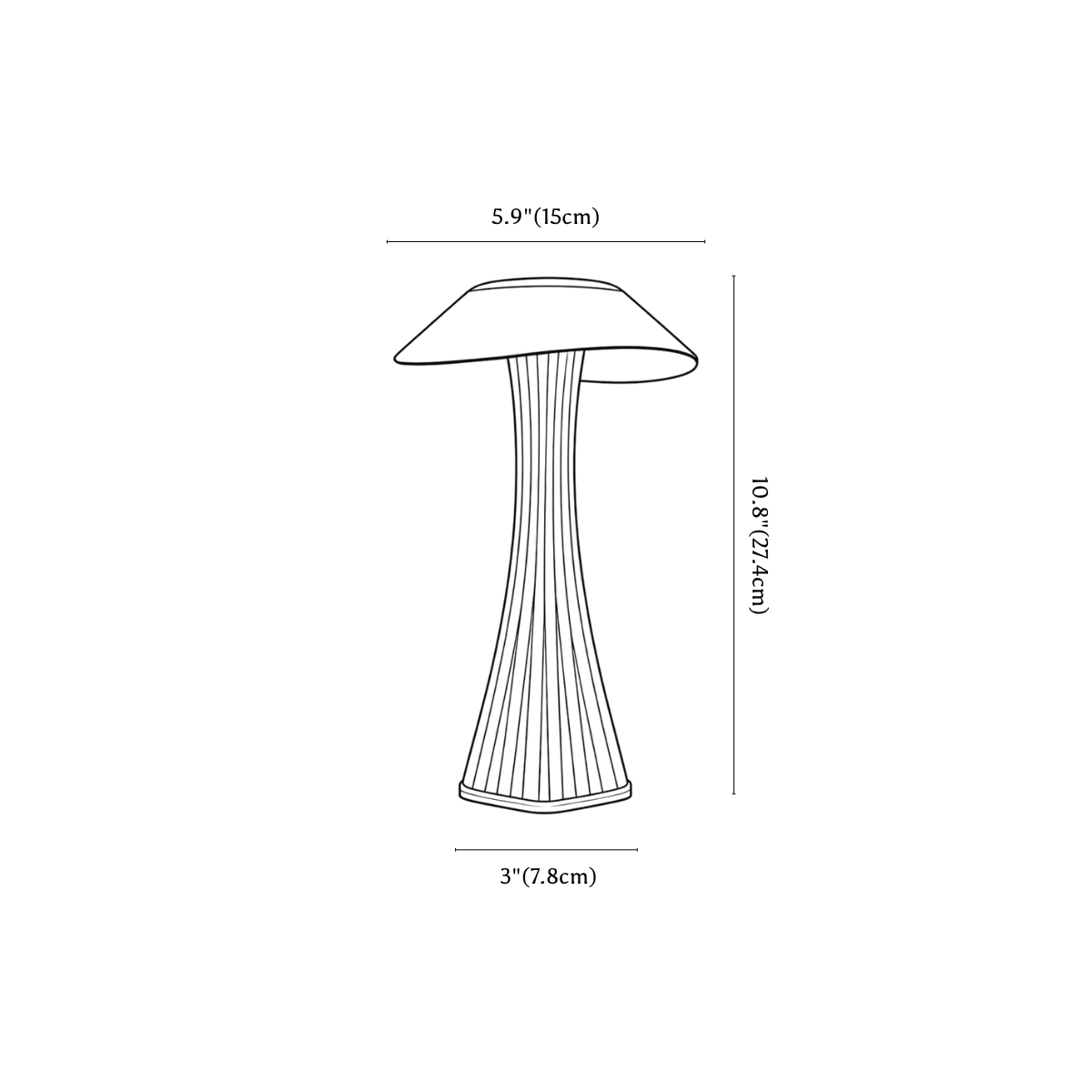 Clérachic table lamp dimension drawing, every measurement marked in centimetres and inches.