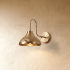 Clérachic wall lamp in polished brass, its fluted dome shade curving down from a gooseneck arm.