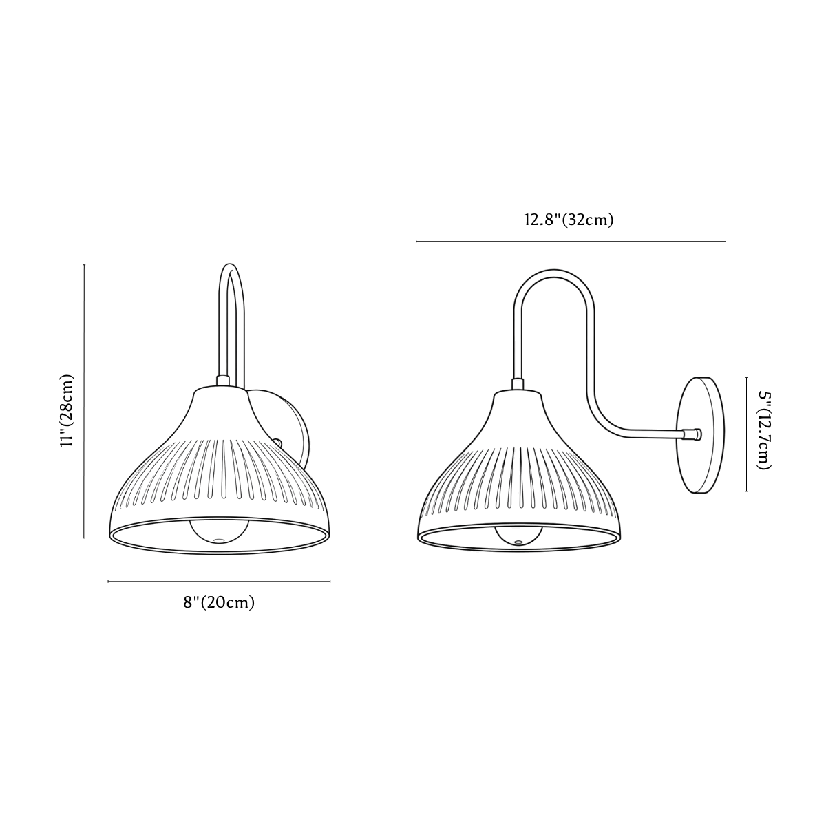 Clérachic wall light dimension drawing, every measurement marked in centimetres and inches.