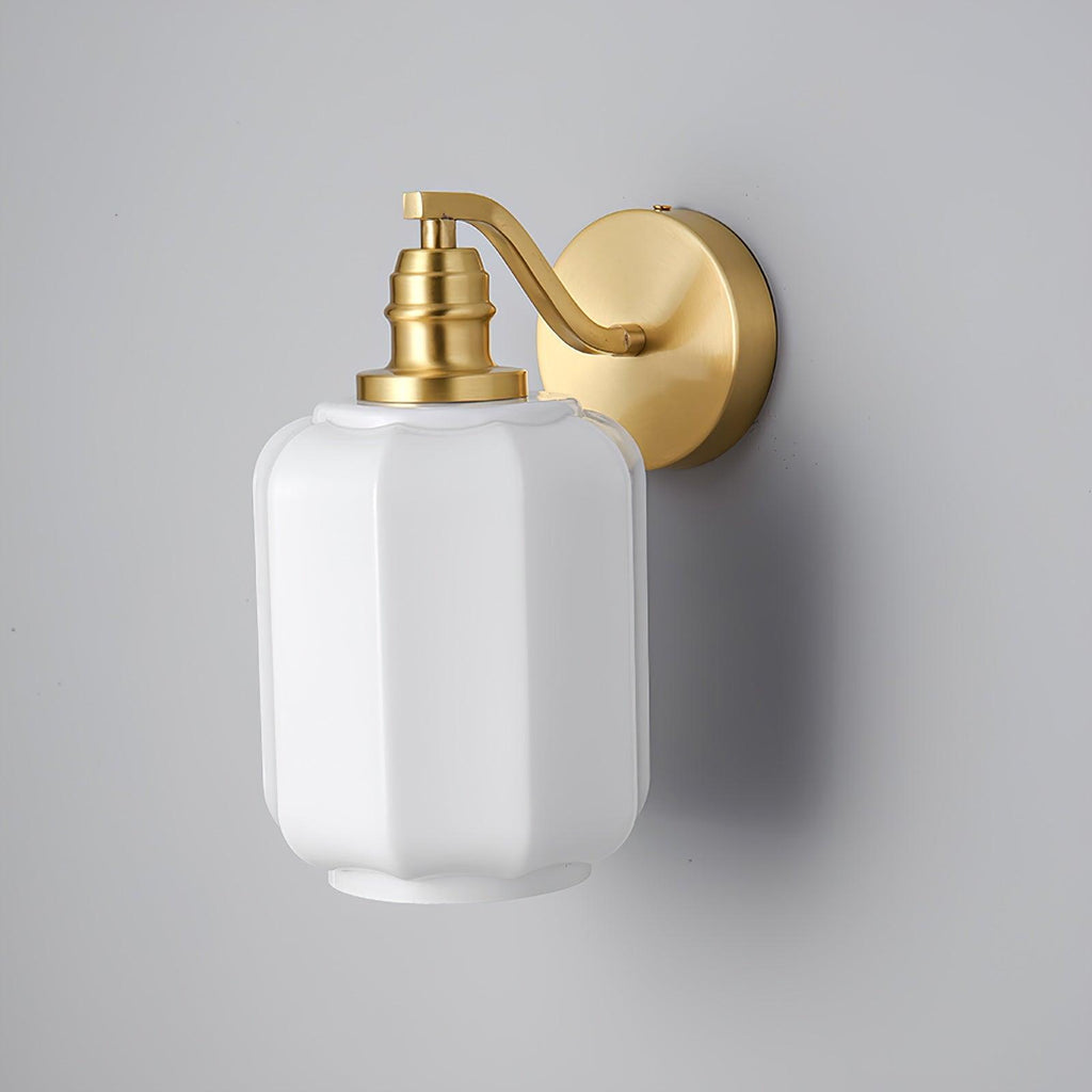 Clérachic Fluted White Glass Wall Sconce unlit against grey, showing the scalloped shoulders and open bottom rim of the glass.