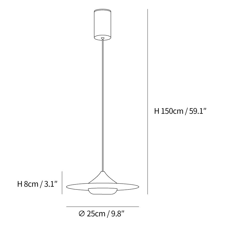 Dimension drawing of the flying saucer marble pendant lamp, in outline against white.