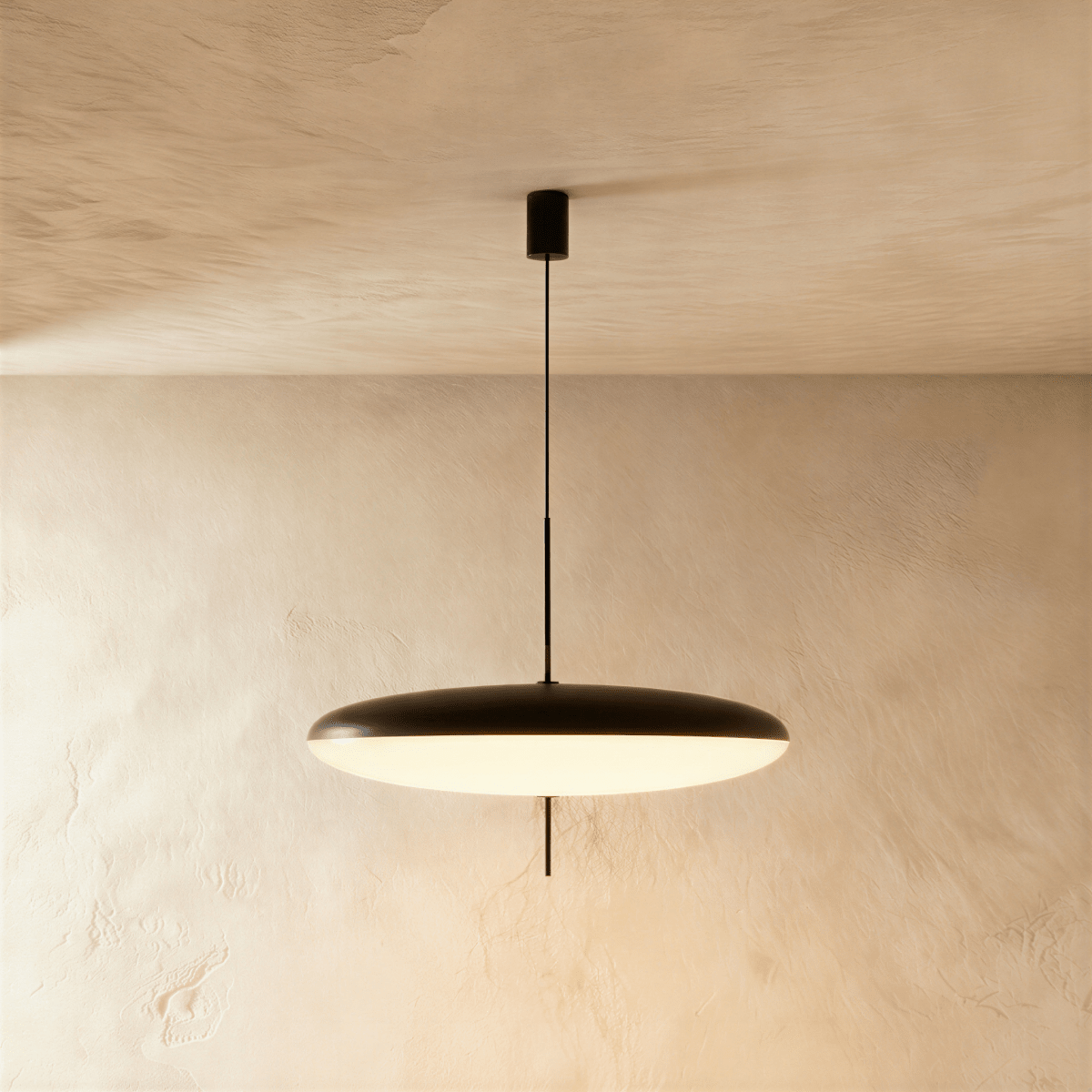 Clérachic wide black and white saucer pendant with a glowing white underside, on a thin black stem against a limewash wall.