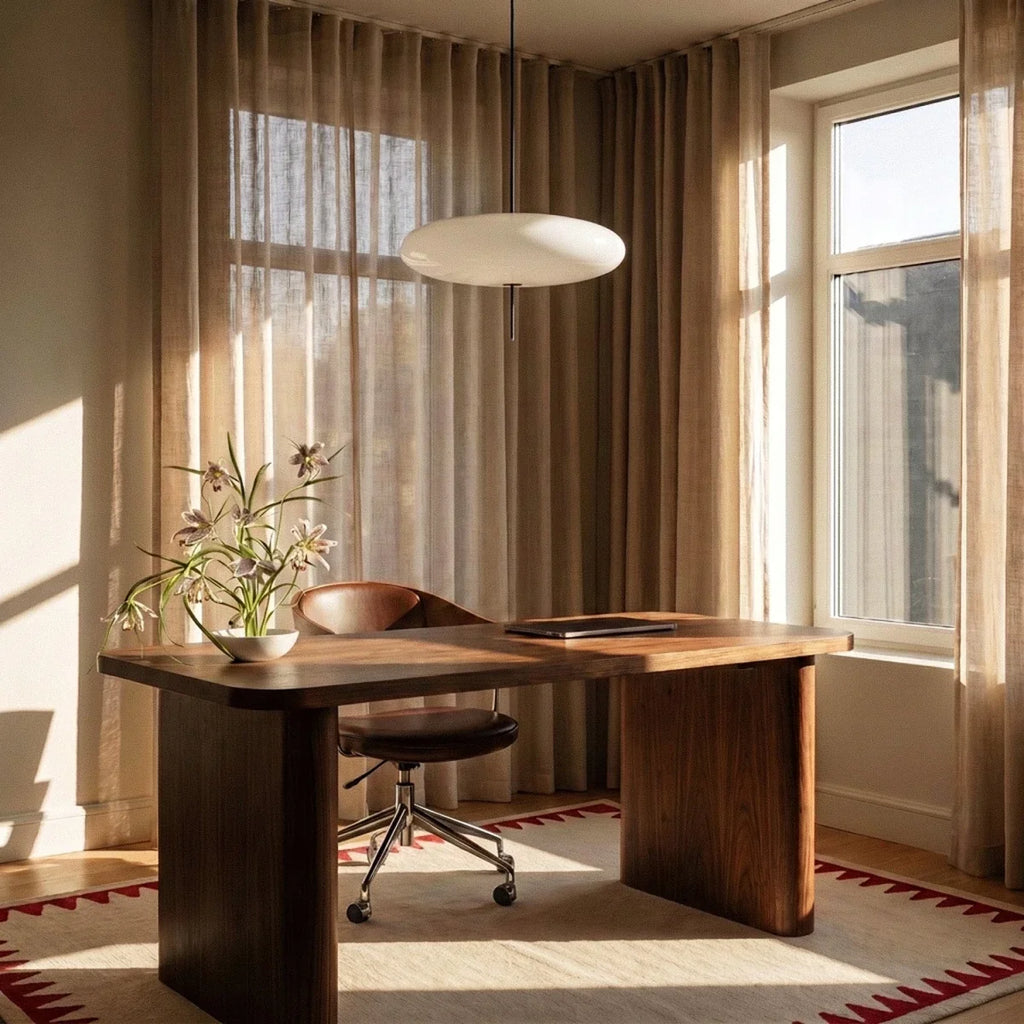 Clérachic all-white saucer pendant hung above a walnut desk in a sunlit room with linen curtains and a leather chair.