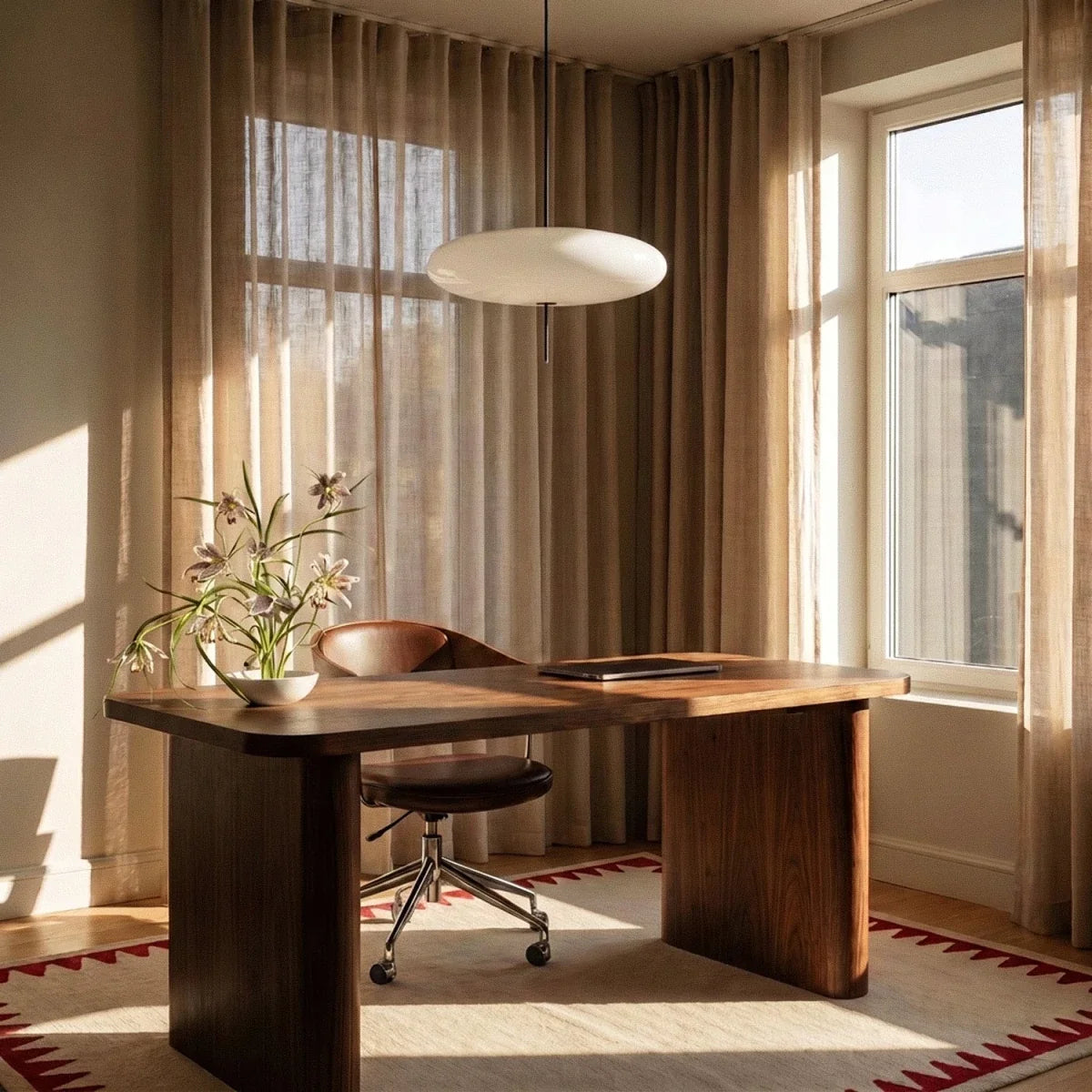 Clérachic all-white saucer pendant hung above a walnut desk in a sunlit room with linen curtains and a leather chair.