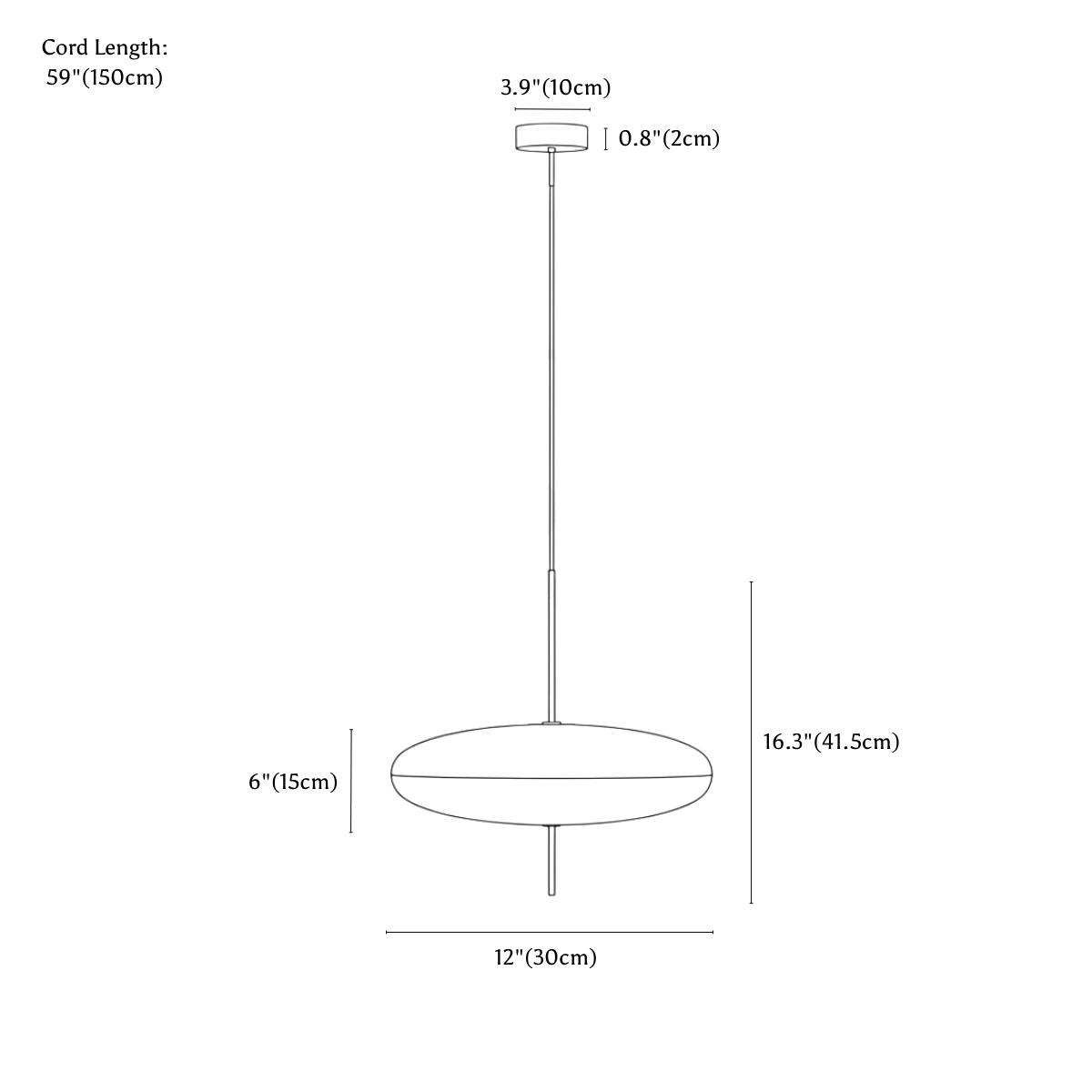 Clérachic pendant light dimension drawing, 30 cm, every measurement marked in centimetres and inches.